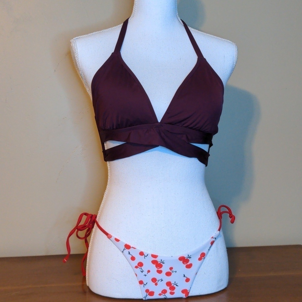 KONA SOL Faux Wrap Halter Bikini with Poppin Cherry String Bikini Bottom Size L - Picture 2 of 13